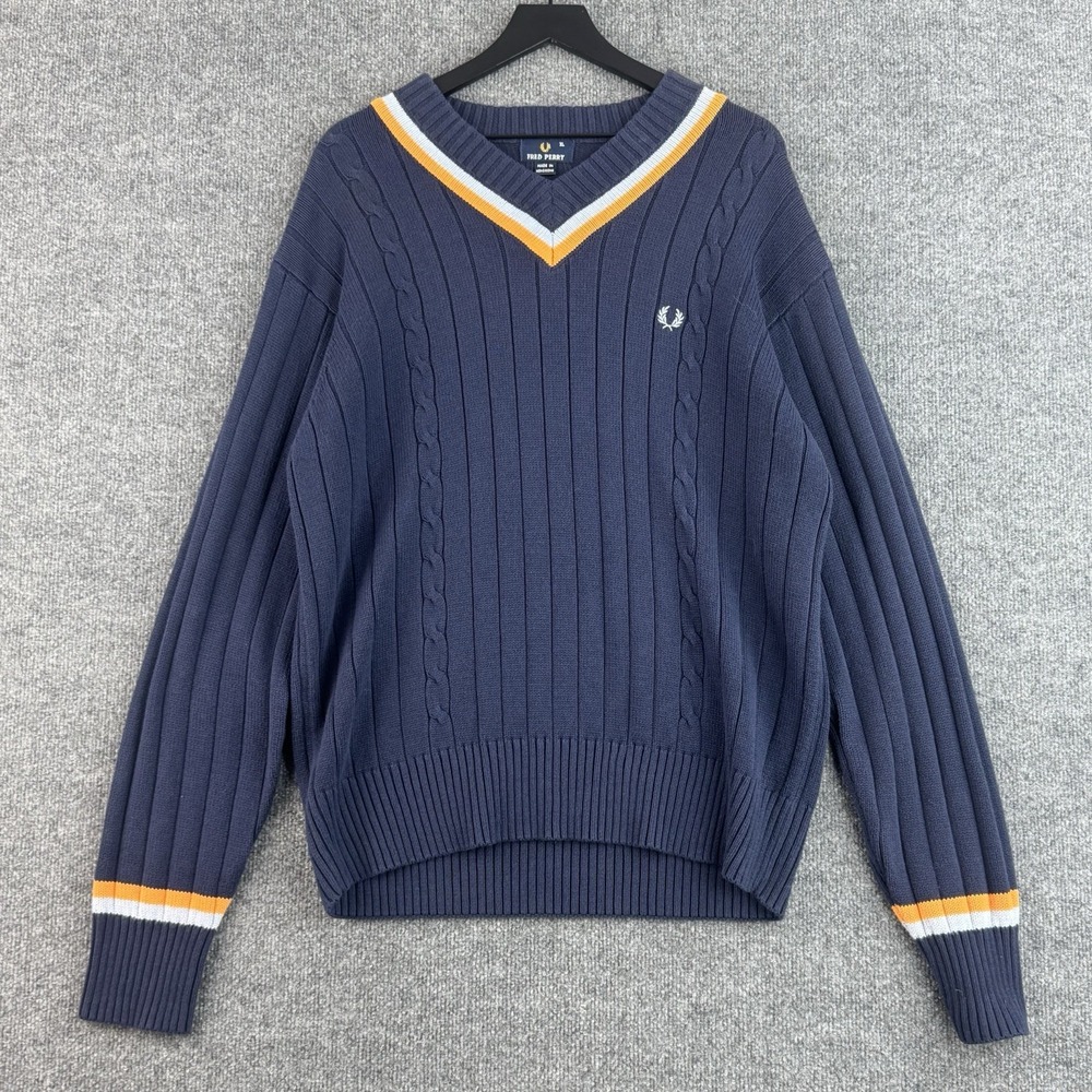 Vintage Fred Perry Sweater Mens XL Navy Blue Cable Knit VNeck Cotton Tennis Logo